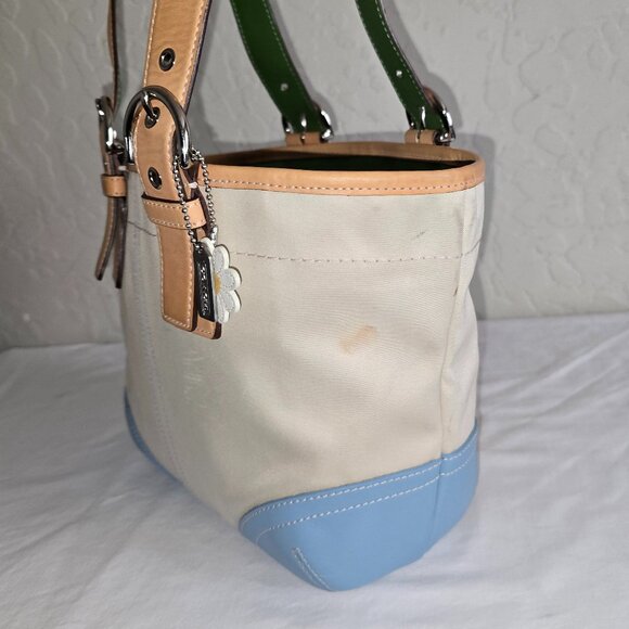 VTG COACH Hamptons Soho Daisy Cabriolet Canvas W/ Blue & Green Leather Tote 4428 - Picture 3 of 15